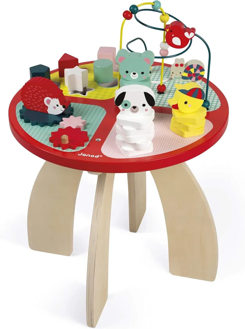 Janod - Table d'activités en Bois Baby Forest - Grand Jouet d'Éveil pour Encastrer, Empiler, Manipuler - avec Labyrinthe, Boulier, Engrenage et 3 Animaux en Bois - Dès 1 an, J08018