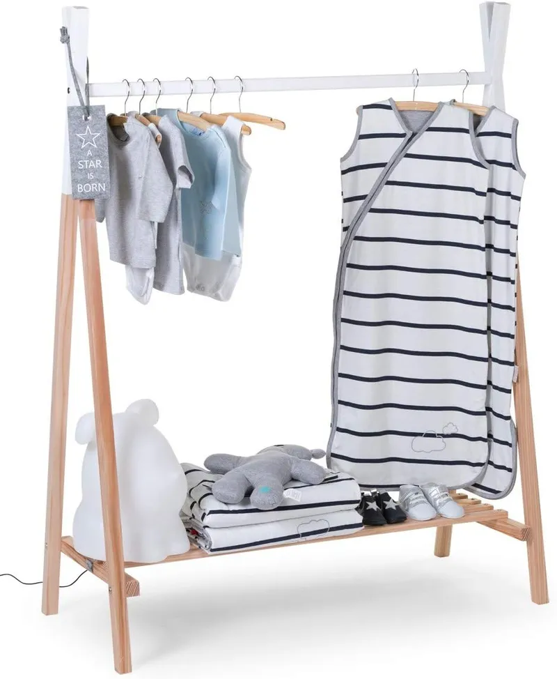Childhome Penderie; Porte Vêtement; Armoire Rangements pour Chambre Enfant; Forme Tipi; Bois de Hêtre; Robuste; 137 x 107 cm; Couleur Bois Naturel; Blanc CLSTIPI 1 Unité (Lot de 1)