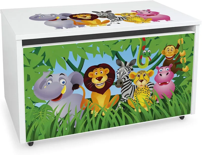 Leomark Coffre de Rangement pour Enfants - JUNGLE- Organisateur à jouets en bois, Conteneur à jouets, banc sur roulettes, Dimensions: L 71 x P 40 x H 46 cm
