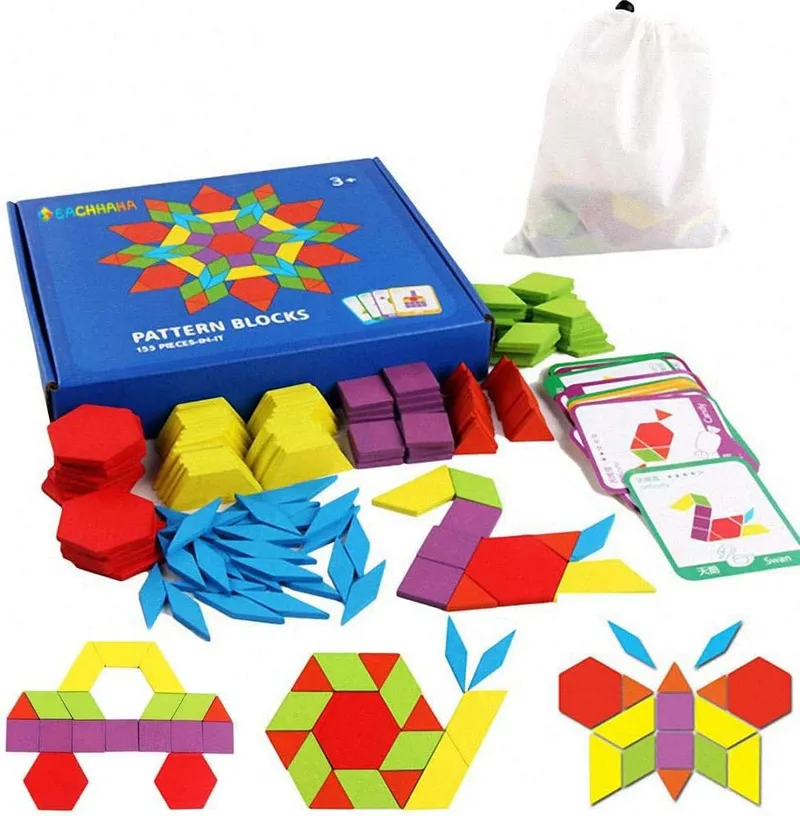 Puzzle en Bois-Tangram-Jouets Montessori-Jouets éducatifs classiques-155 Formes géométriques et 24 Cartes de Conception pour Enfants adaptées aux Enfants de 3 4 5 6 7 Ans