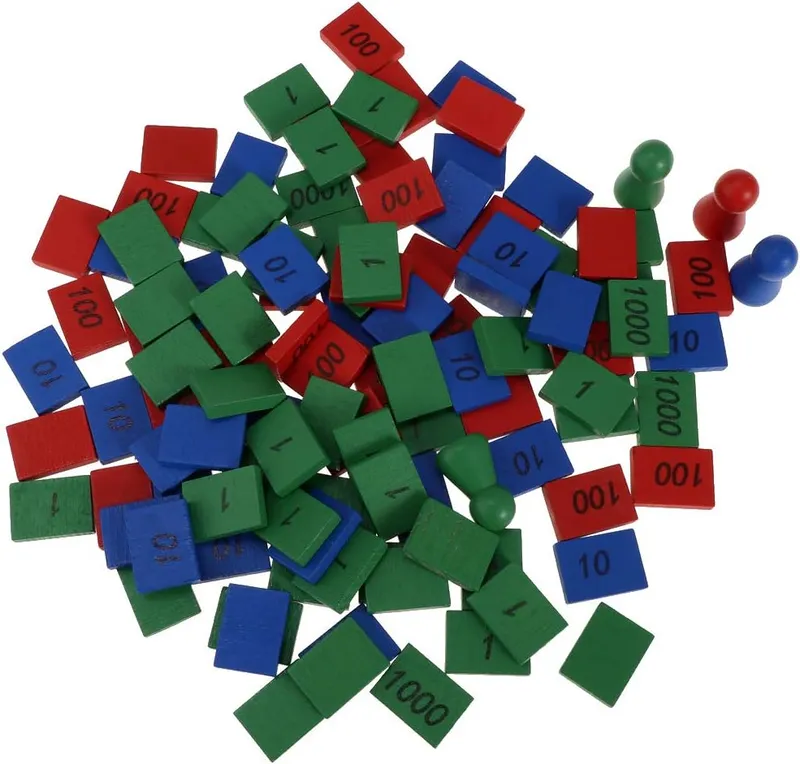 Jeu de timbres Montessori en bois – Jeu de 4 tampons Montessori et 108 carreaux de bois étiquetés avec 1, 10, 100 et 1000