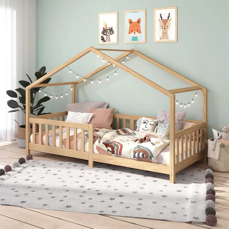 IDIMEX Lit cabane Enfant 90x200 cm LISAN lit Simple Montessori avec Barrières de Protection en Bois Massif Naturel
