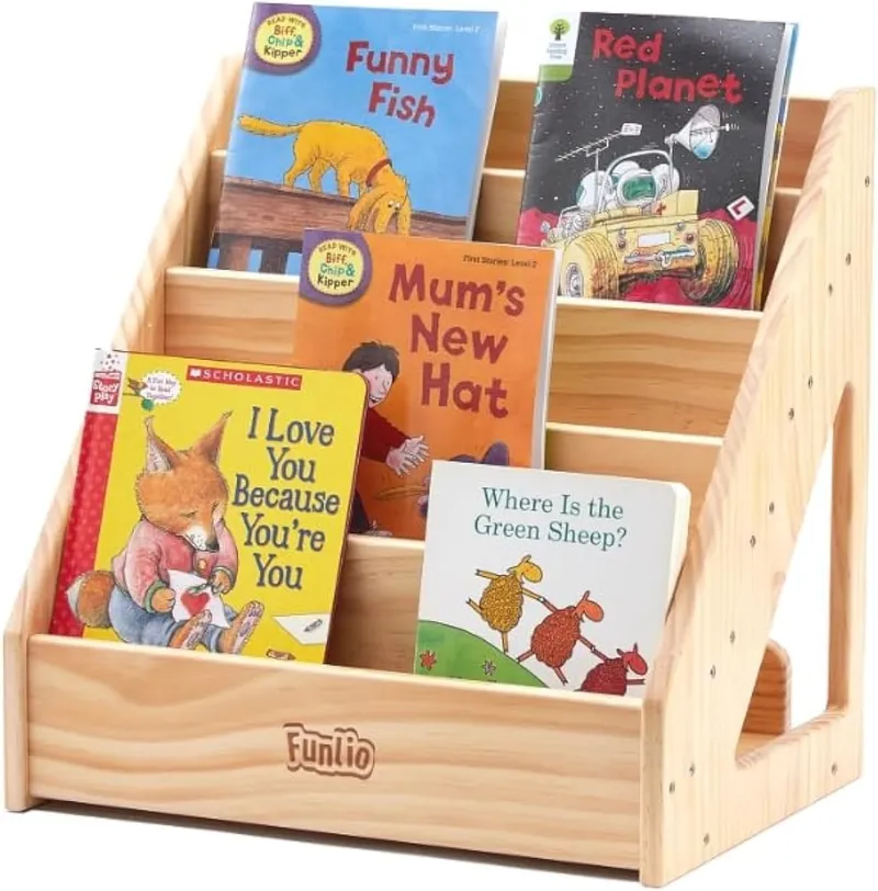 FUNLIO Bibliothèque Montessori pour Les Tout-Petits de 1 à 5 Ans, avec poignée & Dispositif Anti-basculement, pin Haut de Gamme, Bibliothèque pour Enfants pour Classe, approuvée CE&CPC