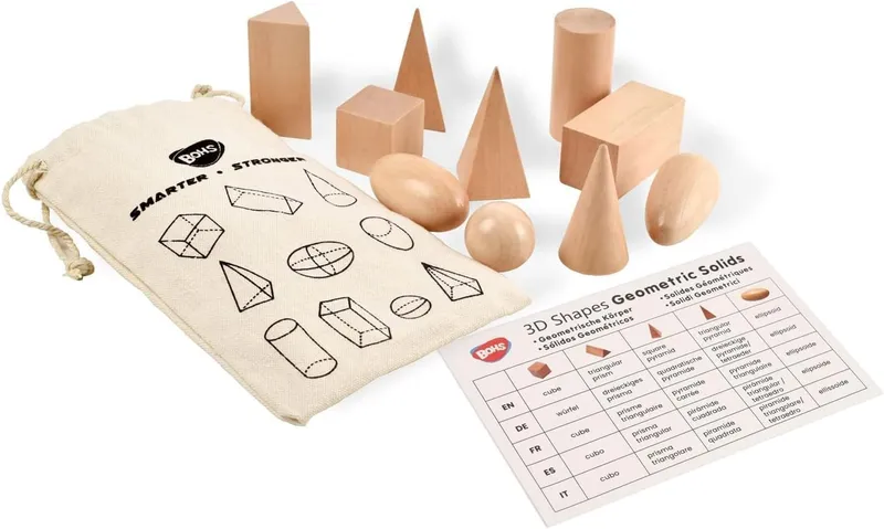 BOHS Ensemble de Formes géométriques Solides 3D en Bois - Lot de 10 pièces - Jouet éducatif Tactile pour l’Apprentissage de la géométrie - 3 Ans et Plus