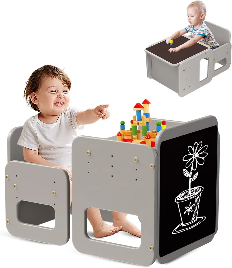 2-en-1 Ensemble Table et Chaise Montessori pour Enfants, Table en Bois Réglable pour Tout-Petits avec Tableau Noir, Ensemble de Table d'Activité et de Peinture pour Enfants, Gris