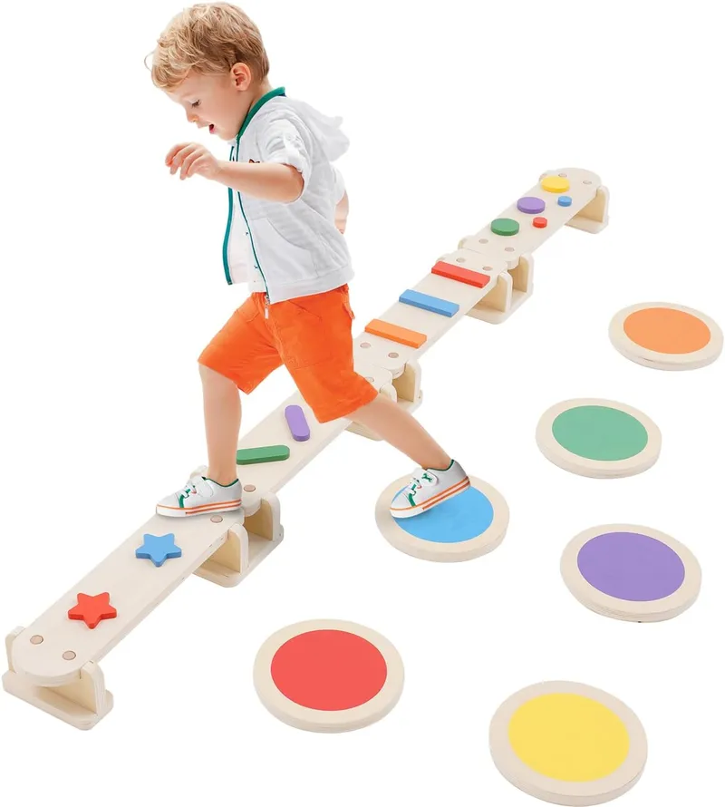 Poutre d'équilibre en bois 3 en 1 Parcours d'obstacles Montessori multifonction pour enfants et tout-petits avec pierres de marche