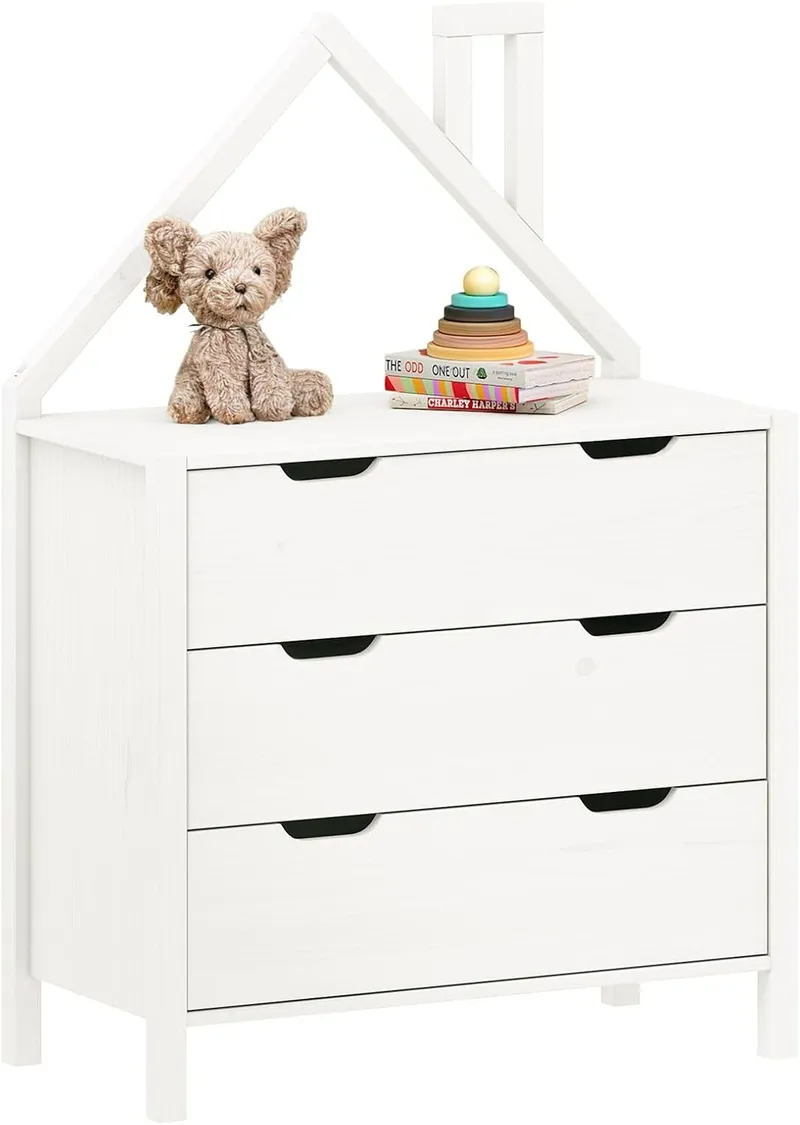 IDIMEX Commode Enfant ELANO en Bois Massif Blanc avec 3 Tiroirs de Rangement, 84 x 120 x 41 cm, Meuble Chambre en Forme de Maison, Style Montessori, pour Fille ou garçon