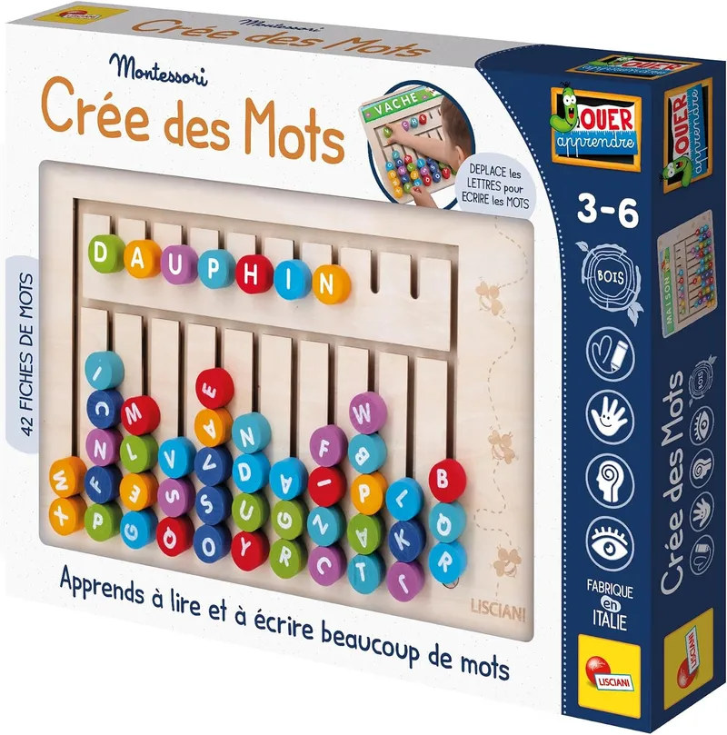 Lisciani - Montessori Crée des Mots - Jeu Montessori pour Apprendre à Lire et Ecrire pour Enfants dès 3 Ans - 42 Fiches Lecture avec Lettres en Bois + Tableau - Jeu Alphabet Éducatif