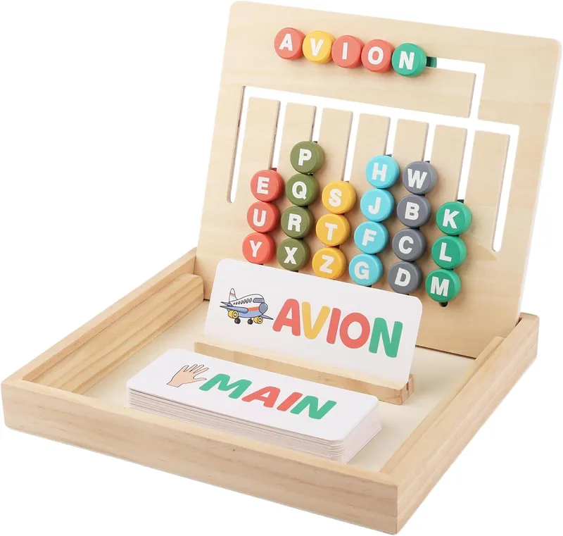 Jeu Éducatif Montessori 2 en 1 en Bois FSC - Apprendre à Lire et à Écrire + Apprendre les Formes Géométriques - 40 Cartes recto/verso - Voyelles en rouge - Illustrations ludiques - Dès 3 ans
